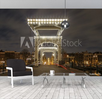 Picture of Lights of the Magere Brug are turned on the late evening of Amsterdam 